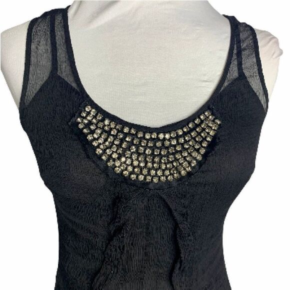 Vintage Silk Chiffon Tank Top S Black Rhinestones Adjustable Spaghetti Straps - Picture 2 of 6